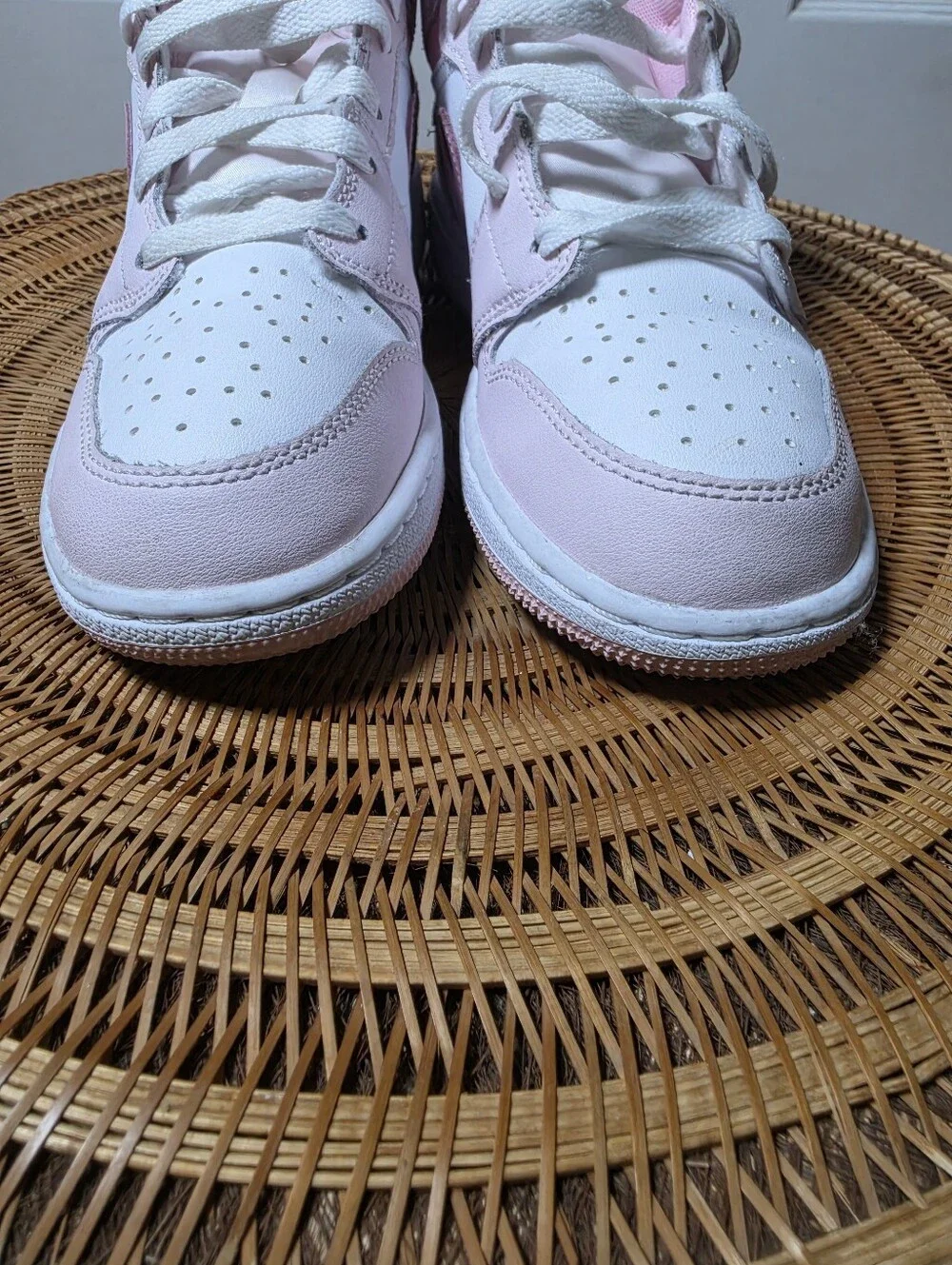 Jordan AJ 1 Mid Big Girls Size 4.5 Pink and White High Top Sneakers